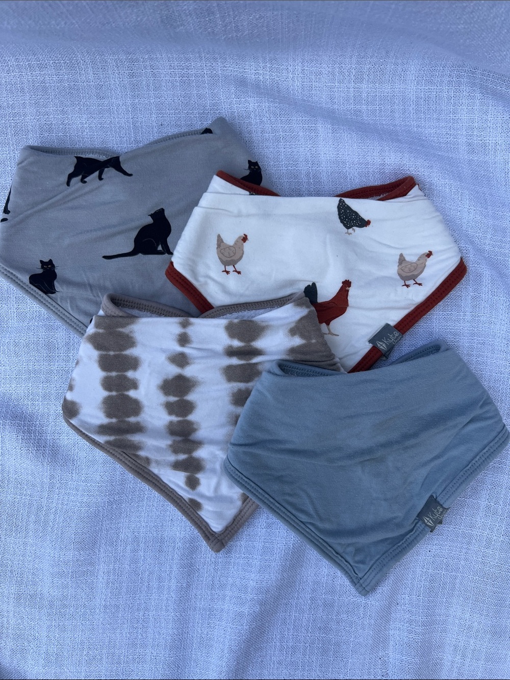 Kyte Baby Bandana Bib Set - Black Cats, Chickens, Beige Tie Dye & Slate Blue
